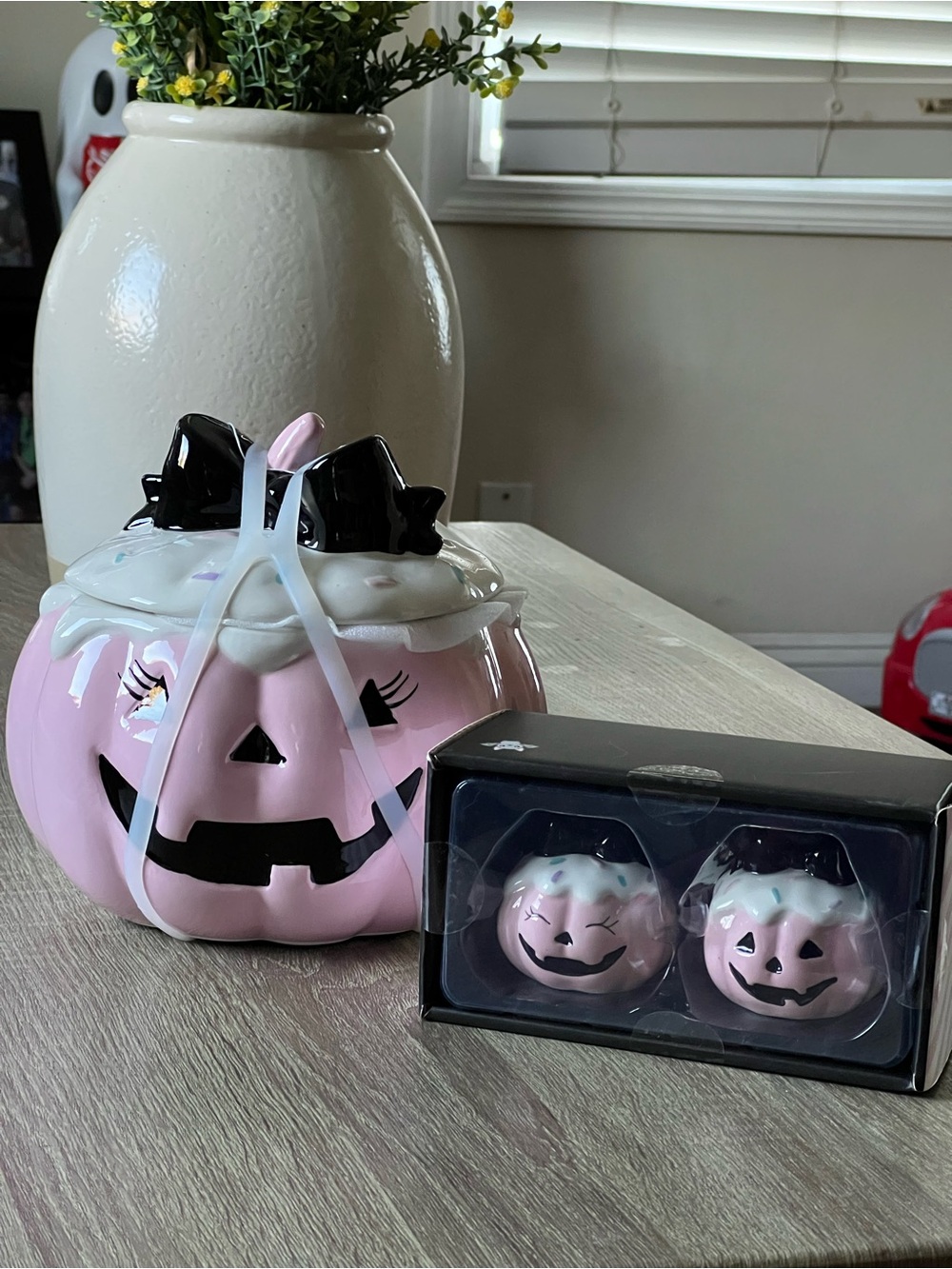 Pink Pumpkin Ceramic Candy/cookie Jar with Matching salt and pepper shakers